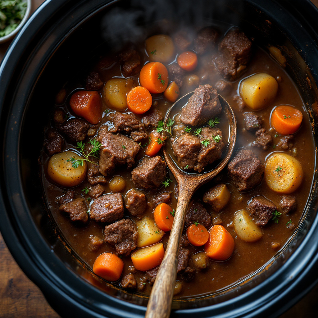 Hearty beef stew with potatoes and carrots in a slow cooker