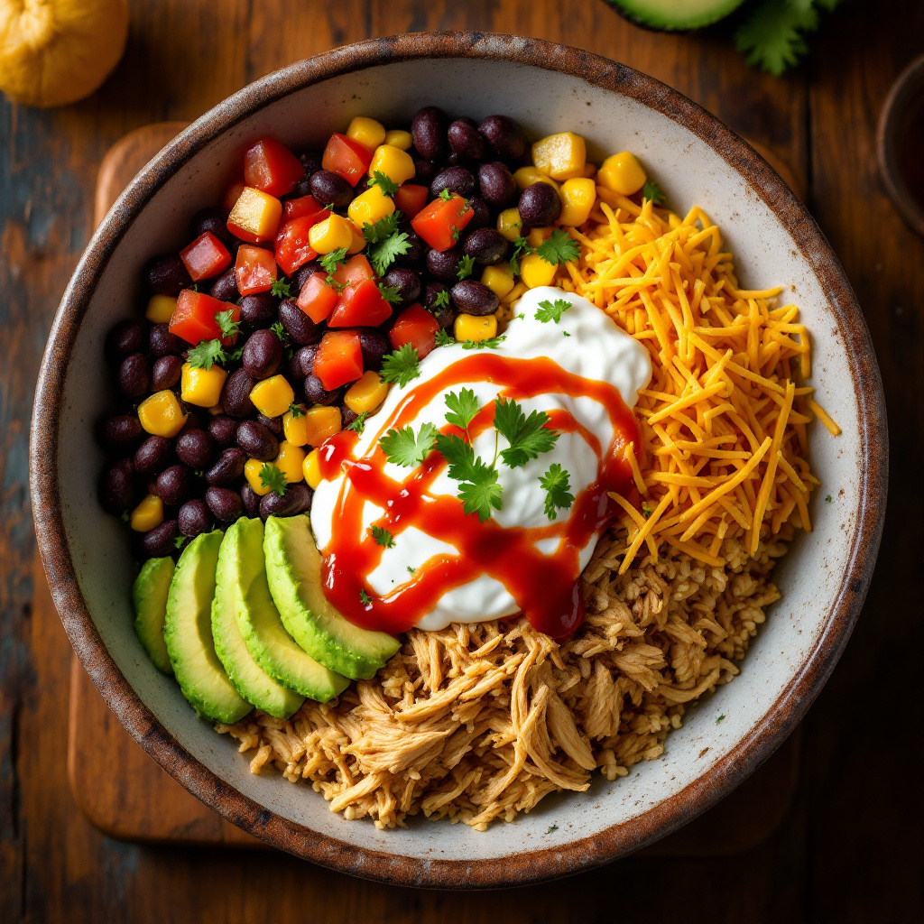 Shredded chicken taco bowl with black beans, corn, rice, and toppings