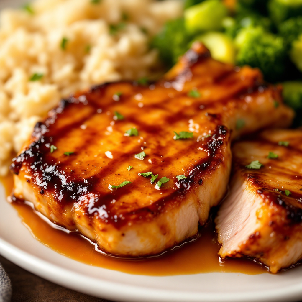 Glazed honey garlic pork chops with rice and vegetables