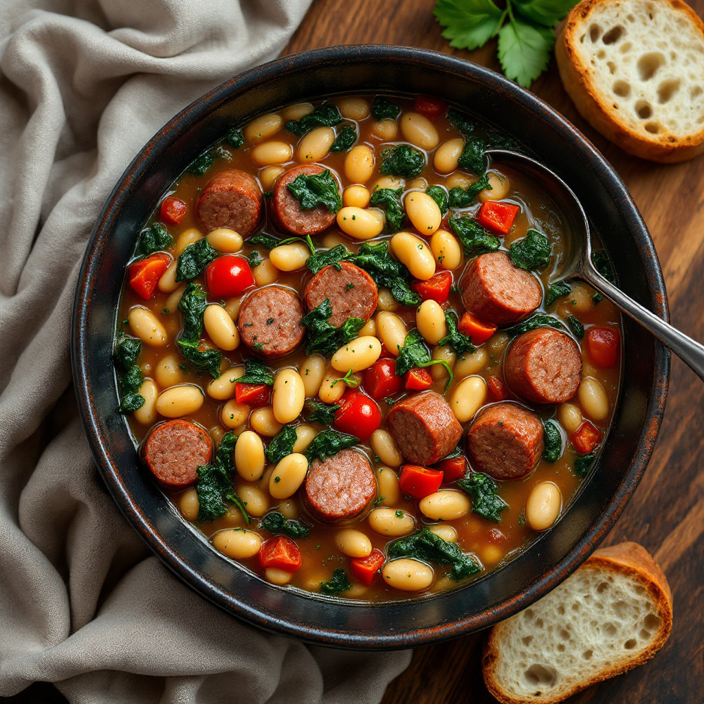 Italian sausage and white bean soup with spinach and crusty bread
