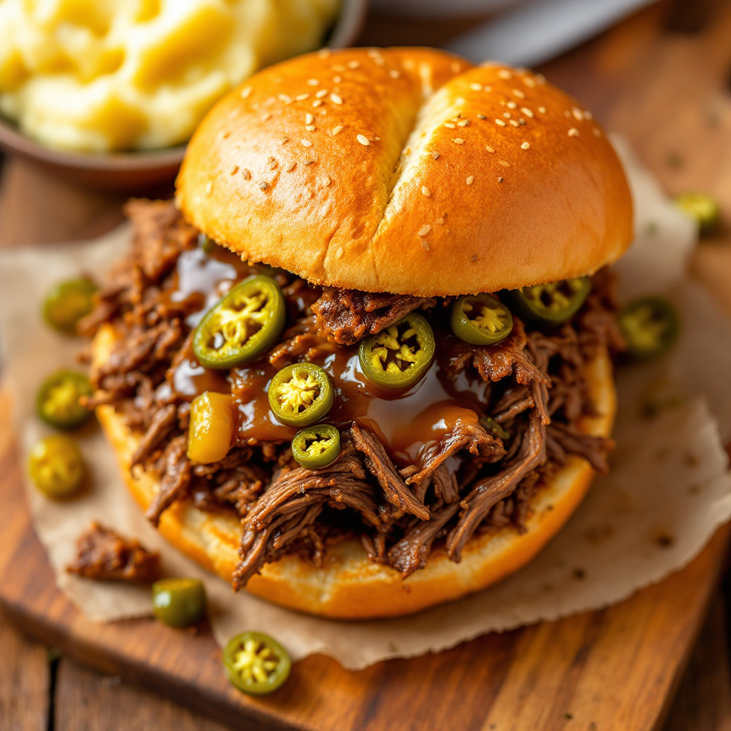Shredded Mississippi pot roast sandwich with pepperoncini