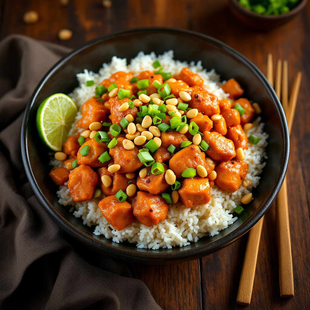 Thai peanut chicken over jasmine rice with peanuts and lime