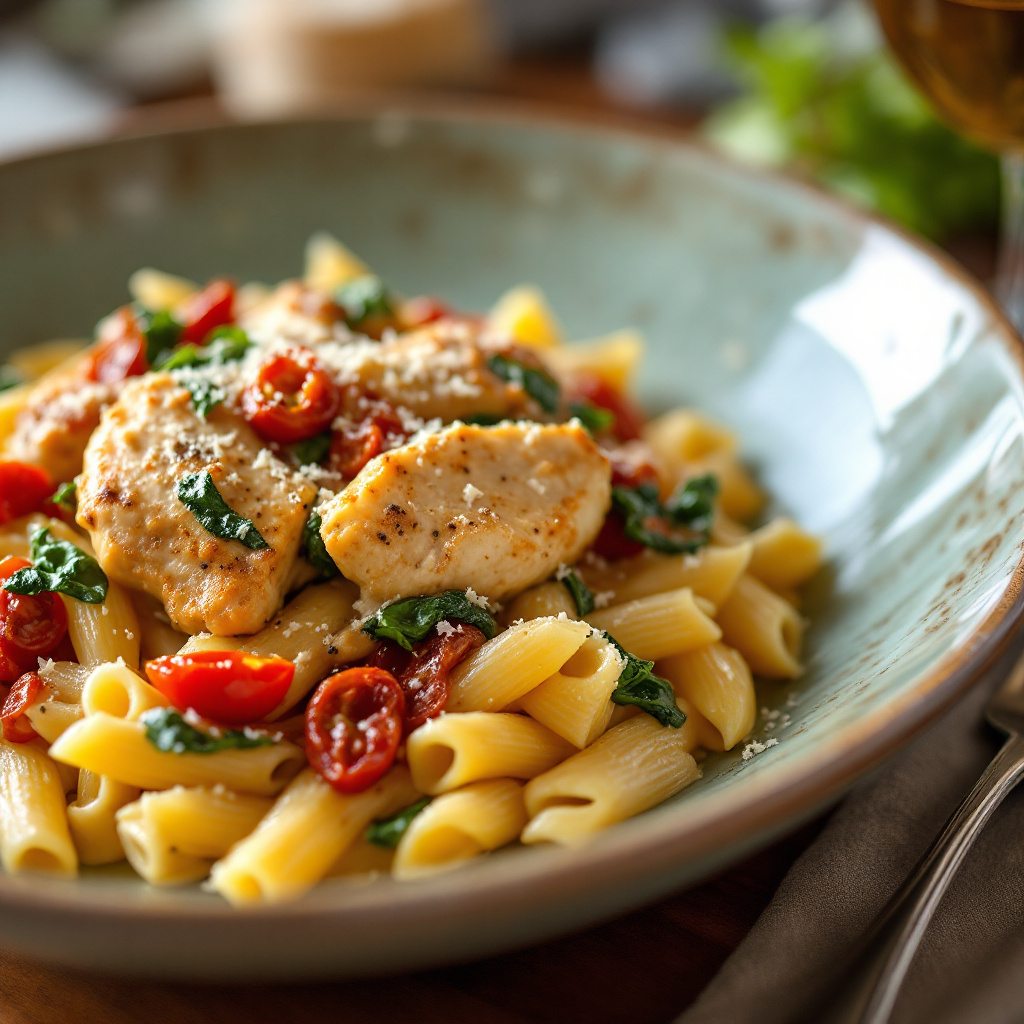 Creamy Tuscan chicken with sun-dried tomatoes and spinach over pasta